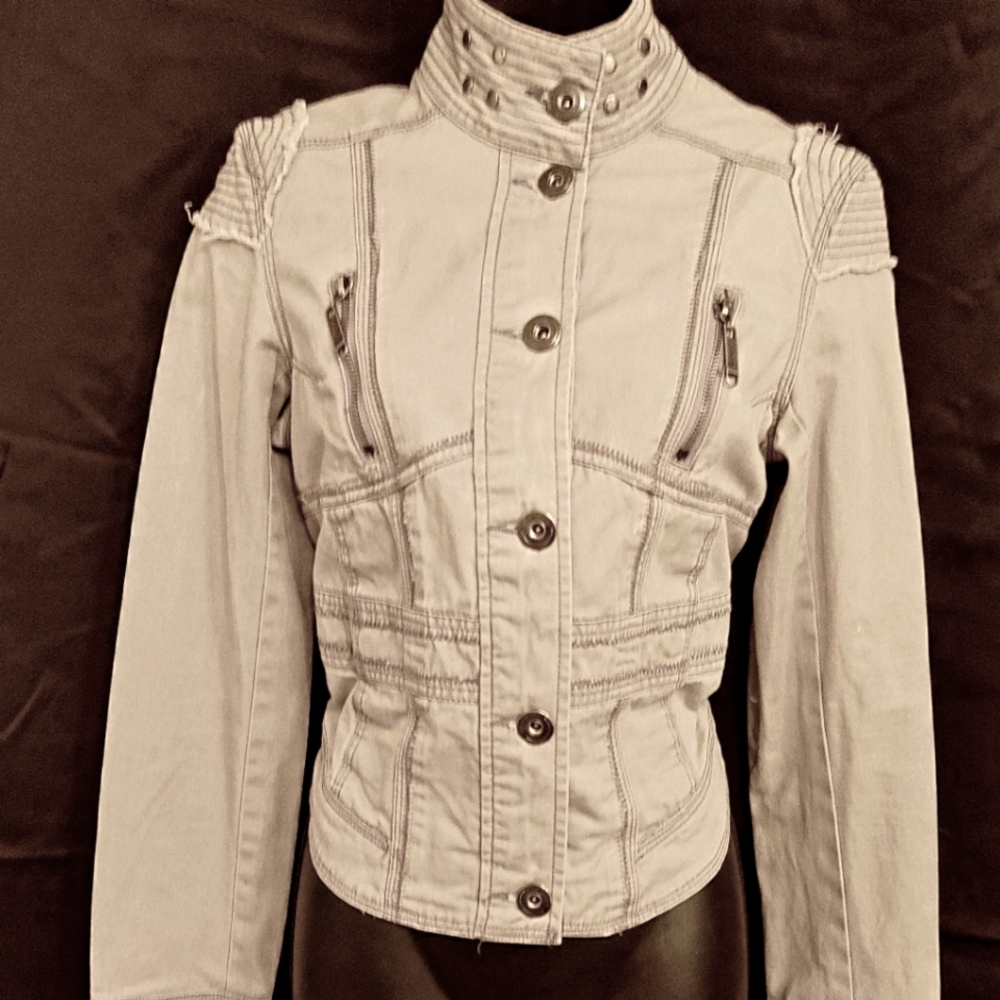 Vintage Zoompy Paris denim military style jacket with tie down back detail